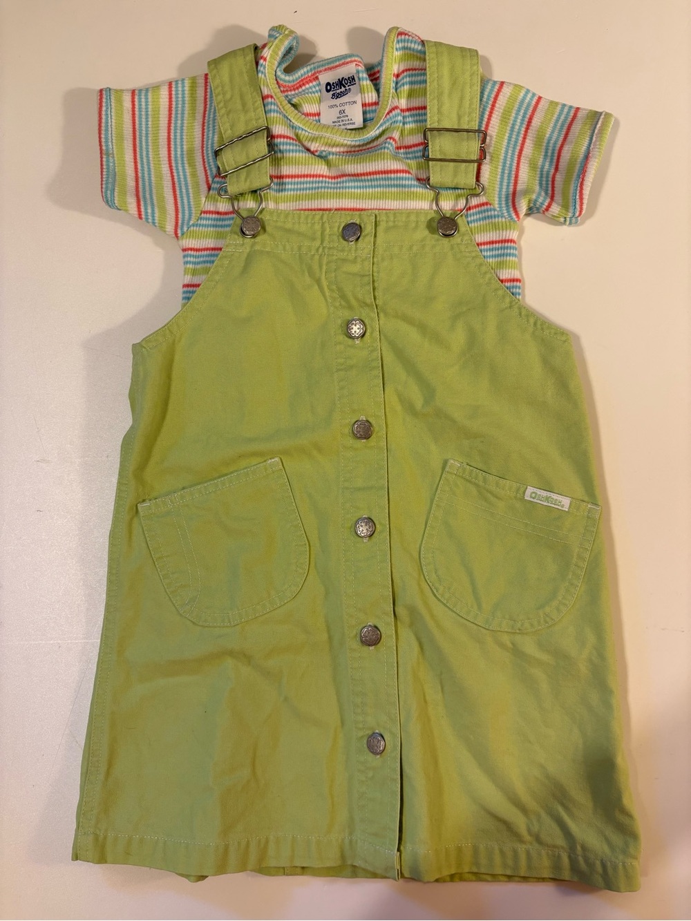 OshKosh B'gosh Bright Lime Green Girls Overall Dress with Striped Tee